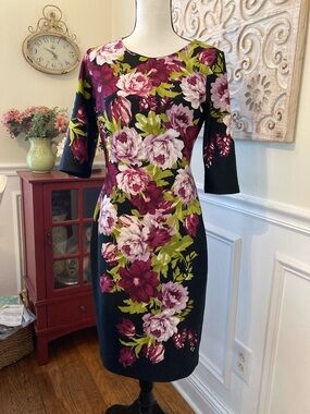 Enfocus Studio Black Midi Dress with Pink & Green Floral Print